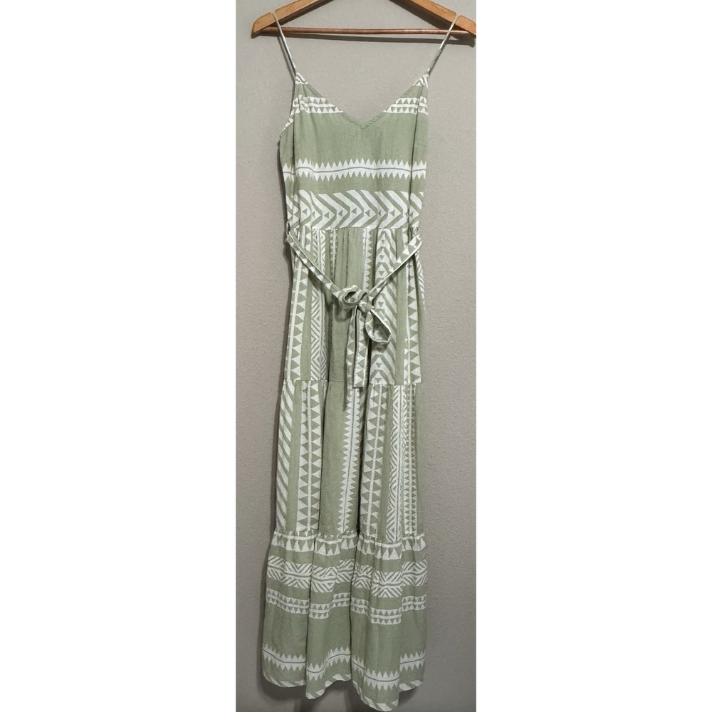 VERO MODA Women's Dress Sage Green TIERED MAXI XS Aztec Print Cottagecore Cotton